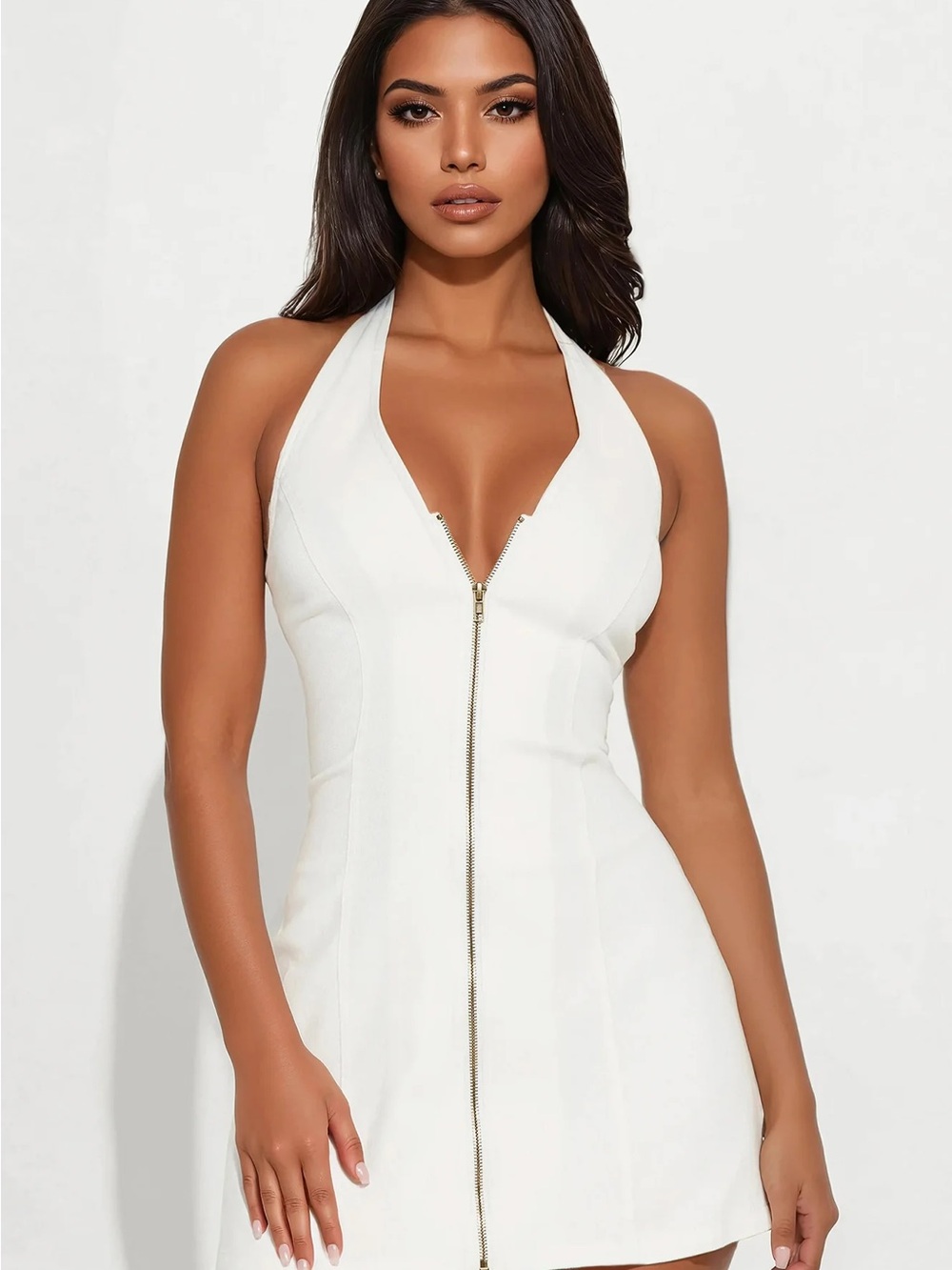 White Halter Zip-Front Dress